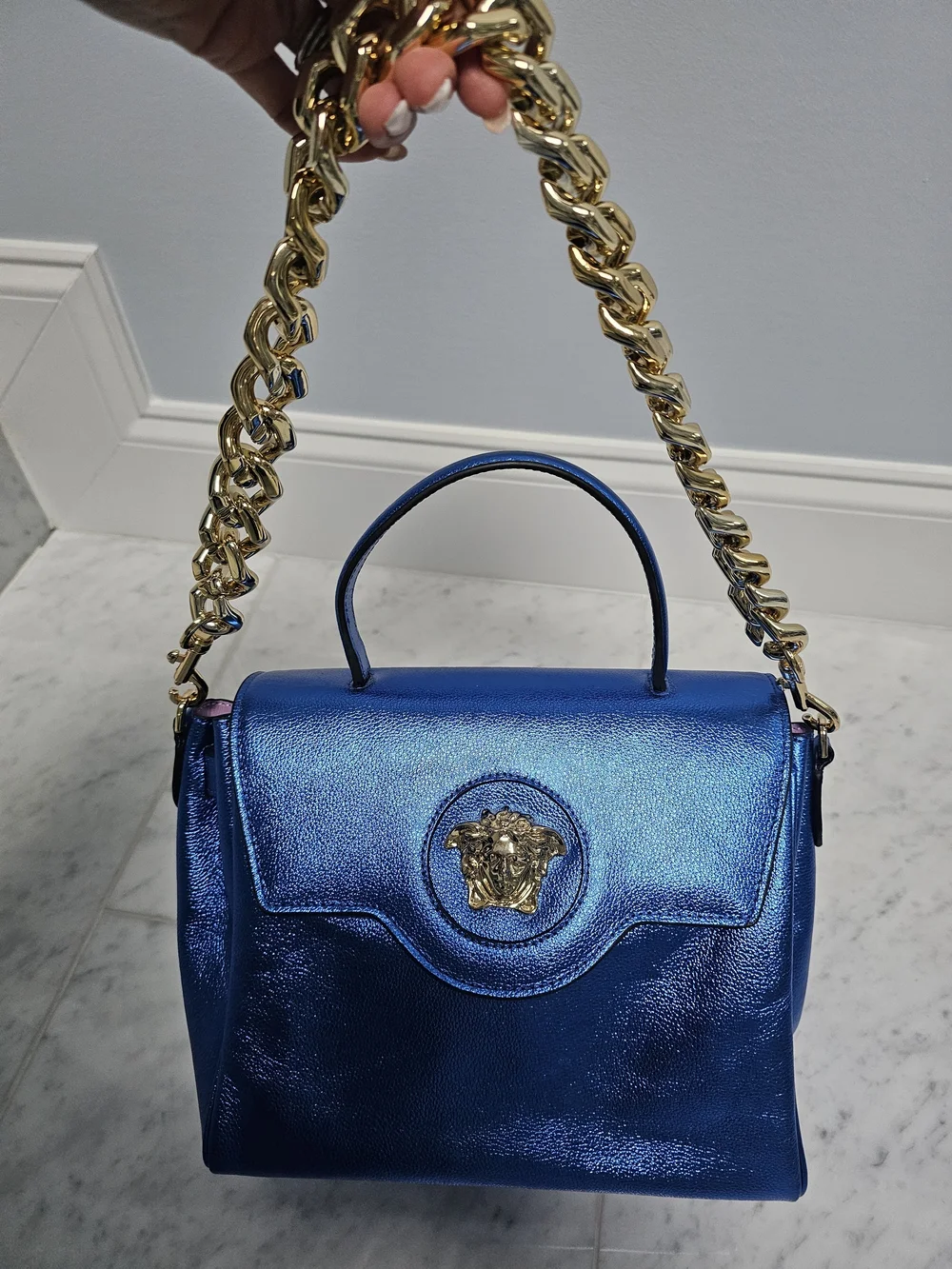 Metallic Blue Top-Handle Satchel with Gold Chain Accent - Picture 12 of 13